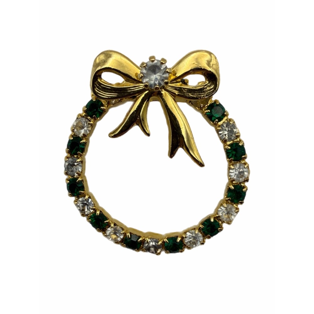 Vintage Gold Tone Christmas Wreath Brooch Green Clear Rhinestone Bow Pin